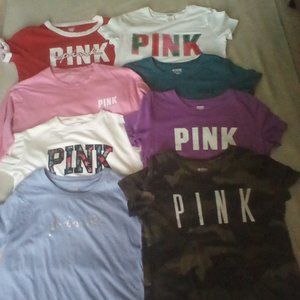 Pink VS Tees, lot of 8 assorted colors. Sizes: XS & Medium. Previously owned